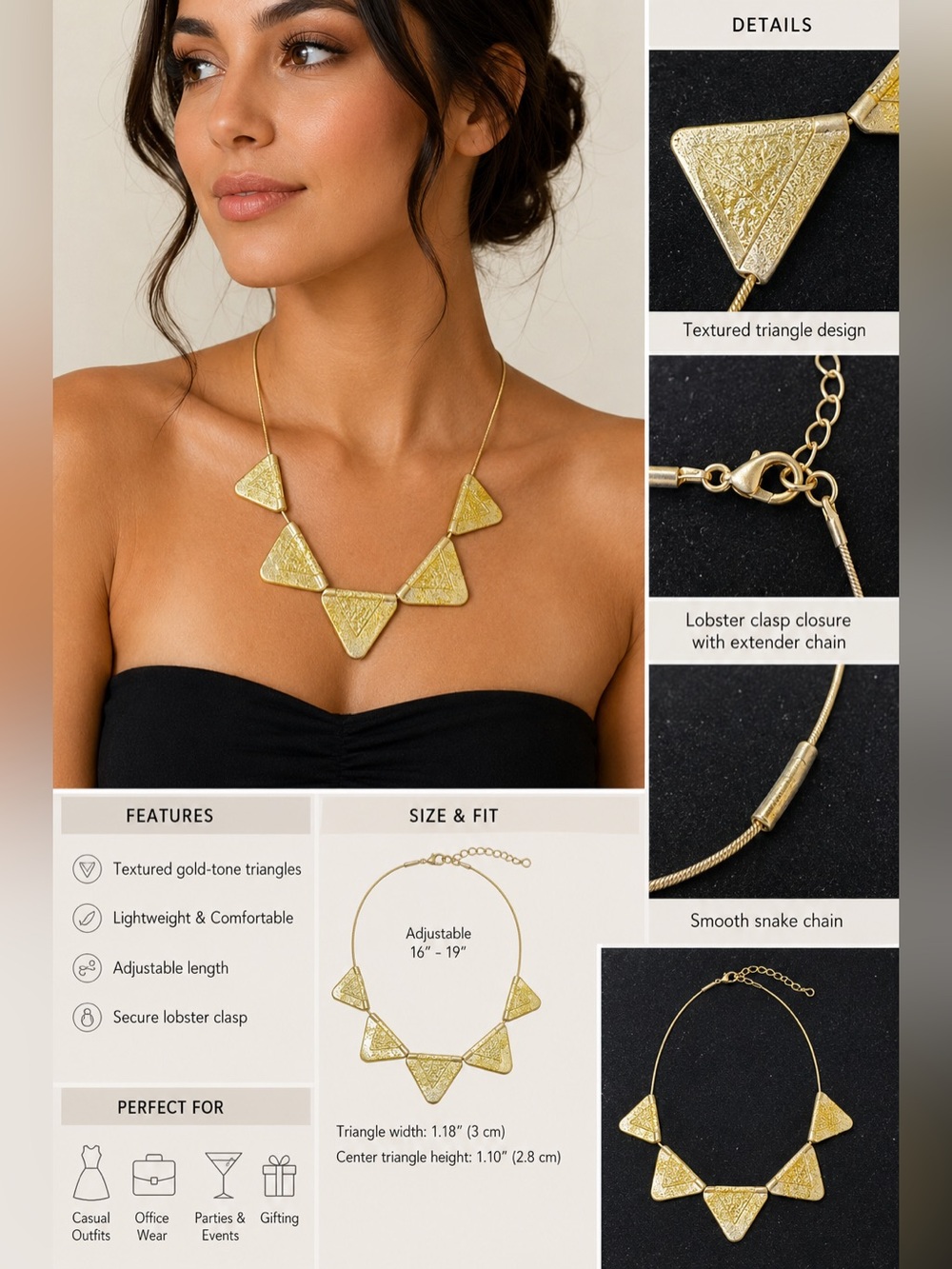 Vintage Gold tone chain necklace with triangle shaped geometric pendants